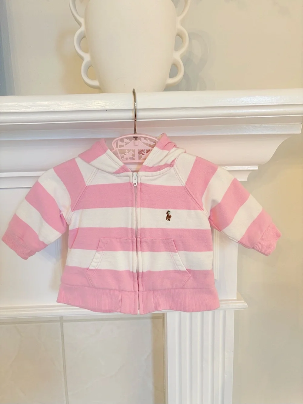 Ralph Lauren Pink and White Striped Hooded Zip Sweatshirt